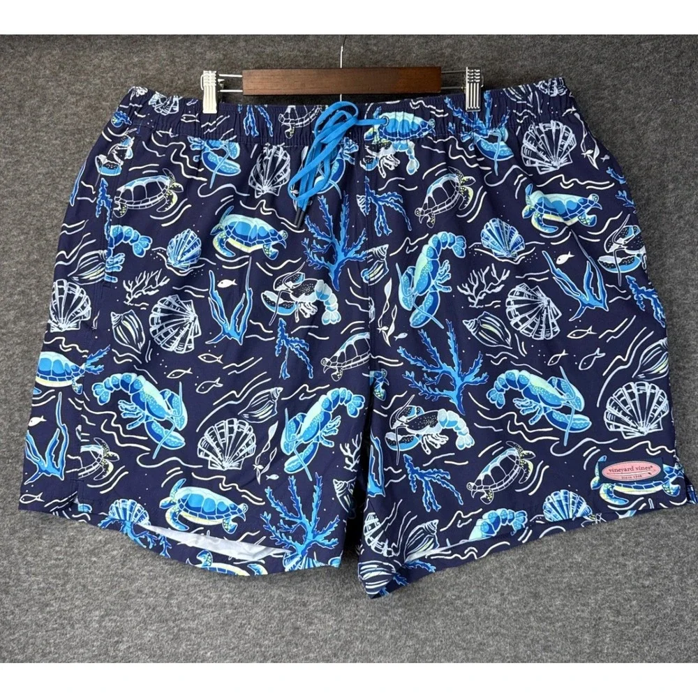 Vineyard Vines Men 3XB Navy Sea Life Lobster Turtle Lined Swim Trunks Cruise EUC